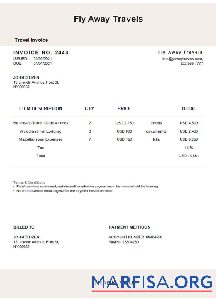 Blank USA Fly Away Travels invoice real example